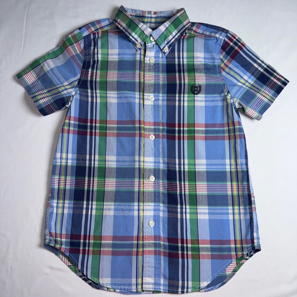 Chaps Boys Blue Green Plaid Short Sleeve Button Down Dress Shirt Size 6